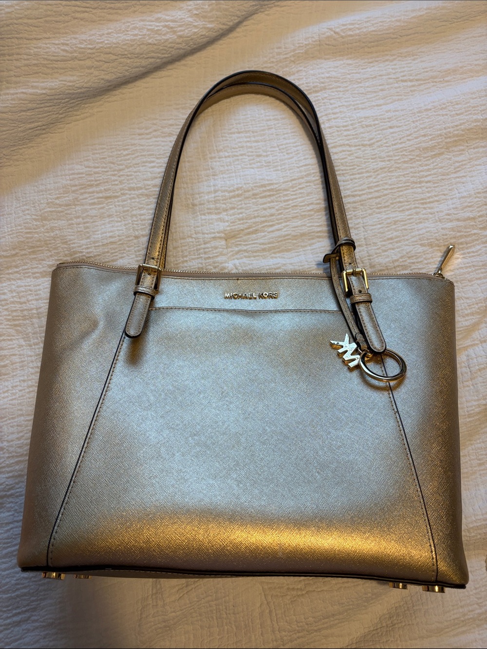 Michael Kors Metallic Champagne Leather Tote with MK Charm